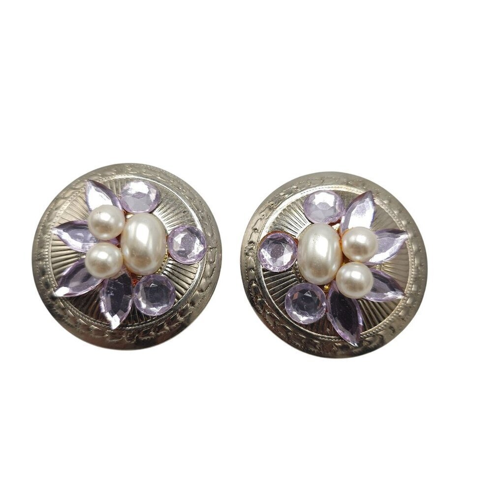 Vintage 1980s Floral Silver Tone Clip-On Earrings Faux Pearls Purple Rhinestones